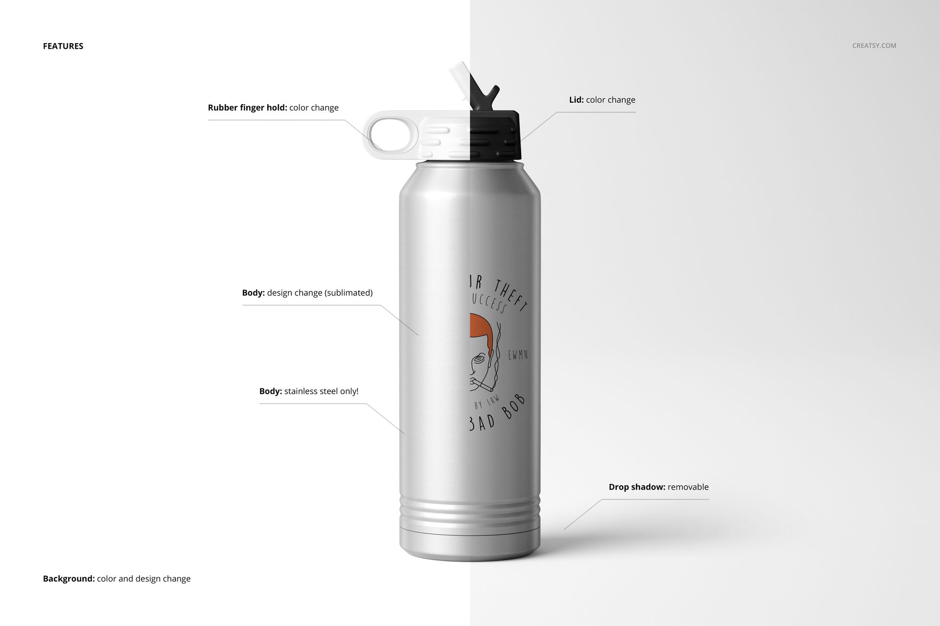 Silver stainless steel water bottle mockup with black and orange details, displayed upright against a light background.