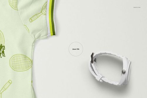 Front view of a kids polo dress mockup with light green fabric and tennis racket pattern, next to a white wristwatch.