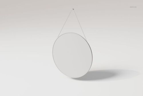 Round wall mirror with a thin frame, suspended by a metal chain, shown from a front angle on a light background.