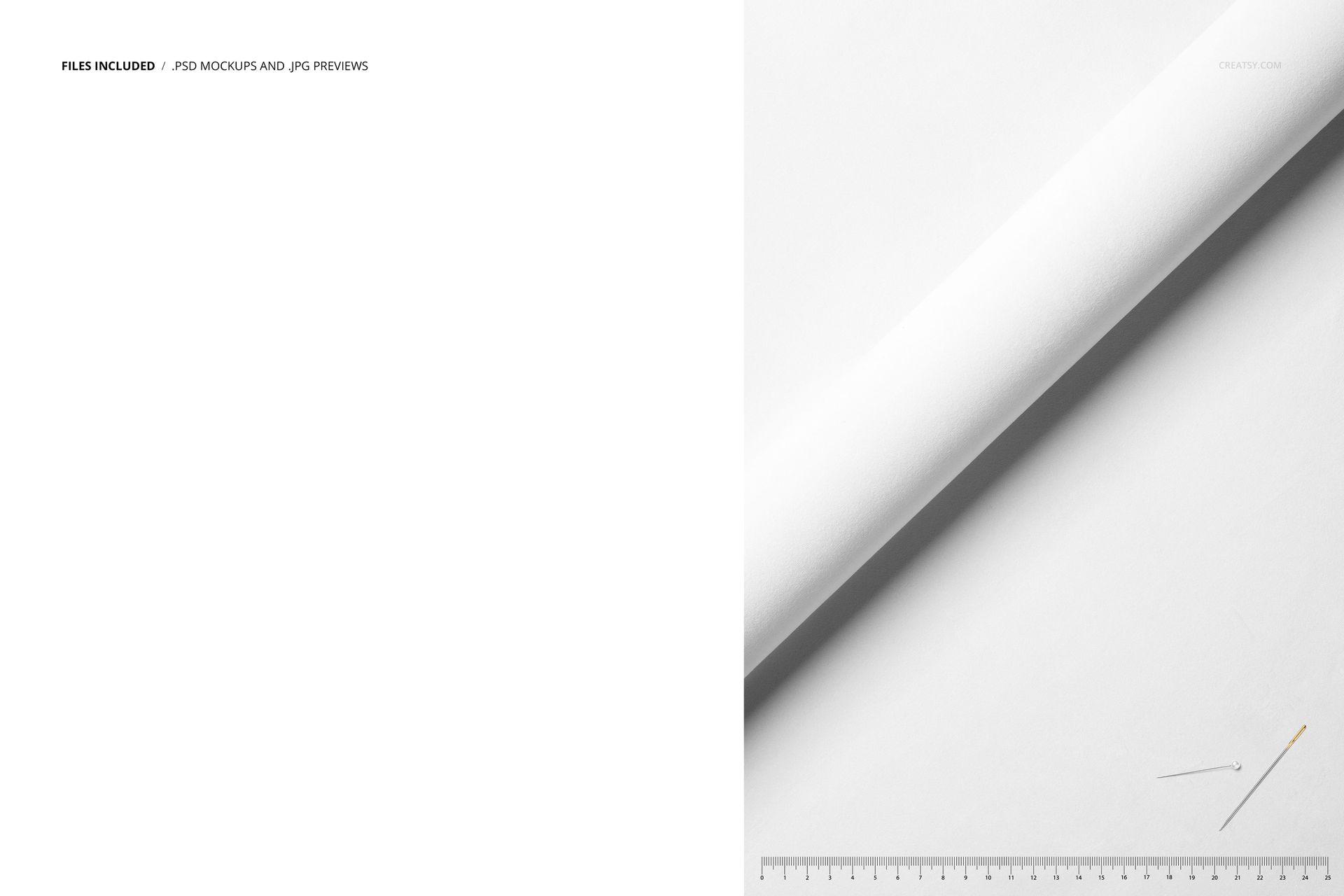 Rolled white velvet fabric mockup displayed diagonally on a plain surface, featuring a ruler and sewing pins.