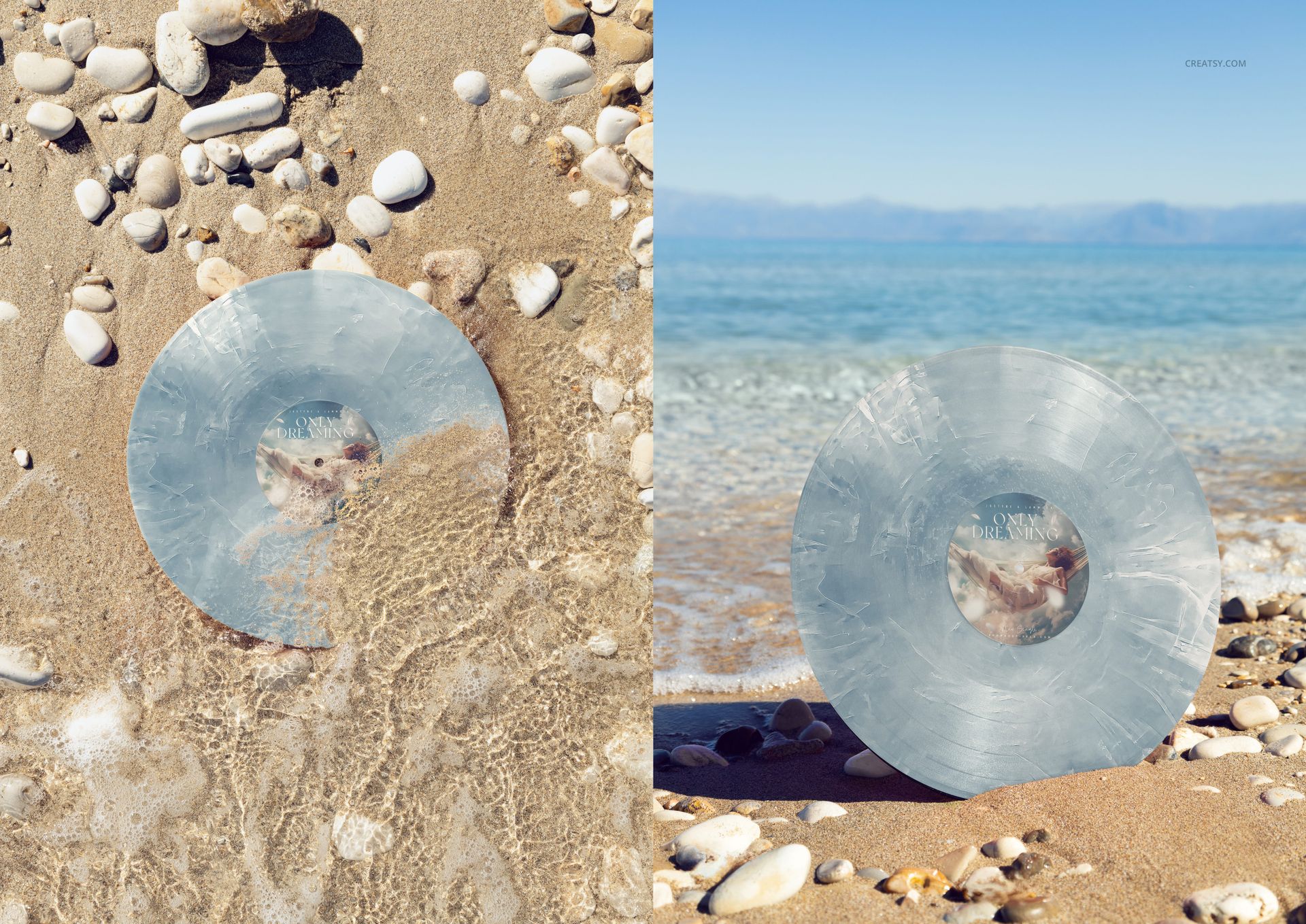 Colored vinyl record mockup featuring a special effects finish, placed on wet sand and surrounded by beach stones.