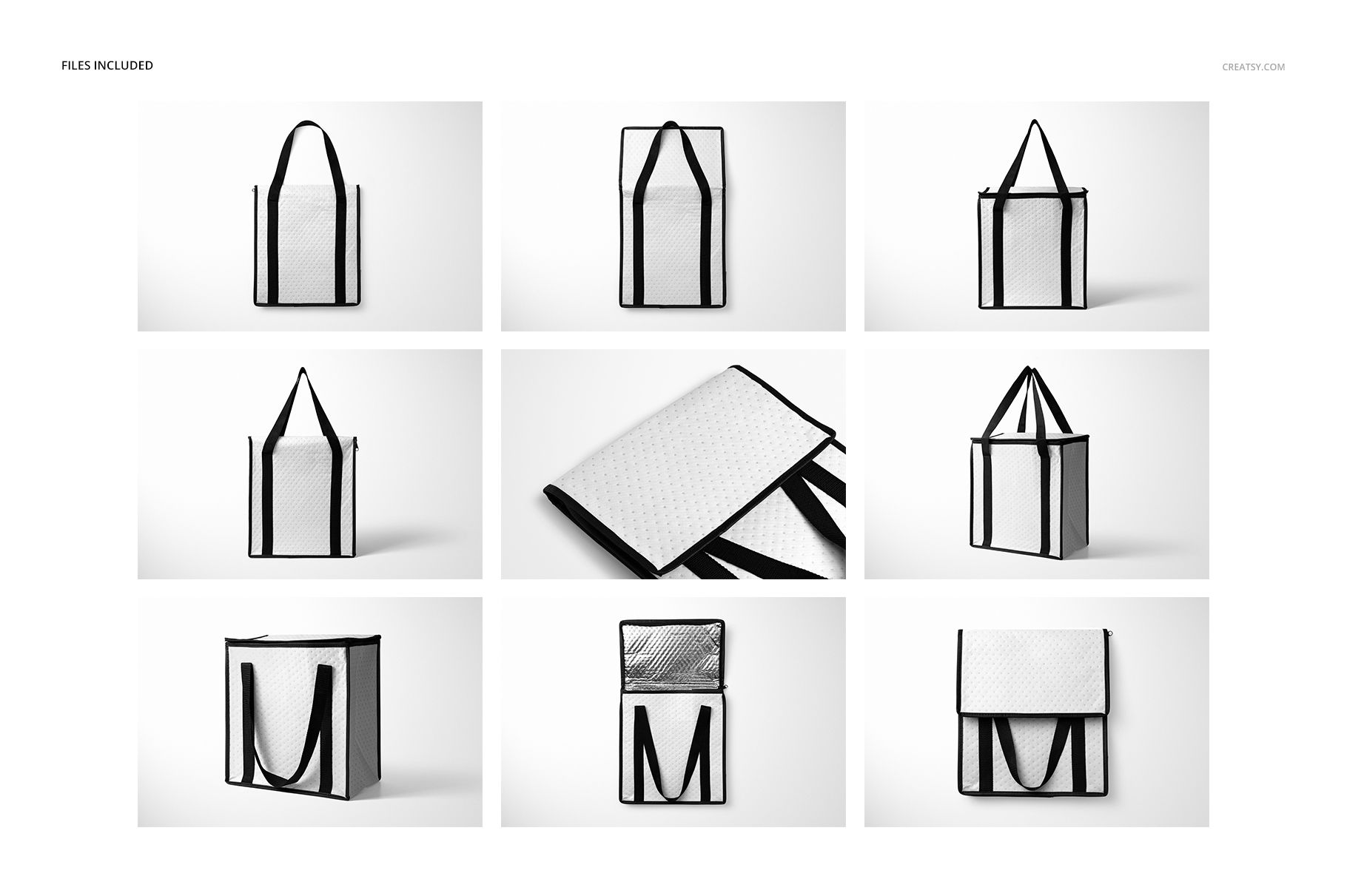 Insulated cooler bag mockup set showing multiple views of a white bag with black trim and handles on a plain background.