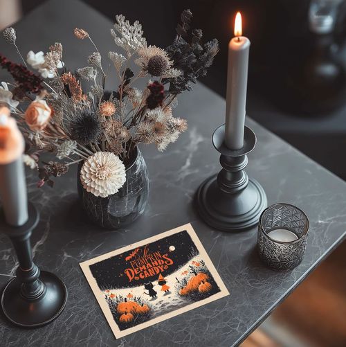 Halloween greeting card mockup displayed on a dark marble table with candles and a vase of dried flowers.