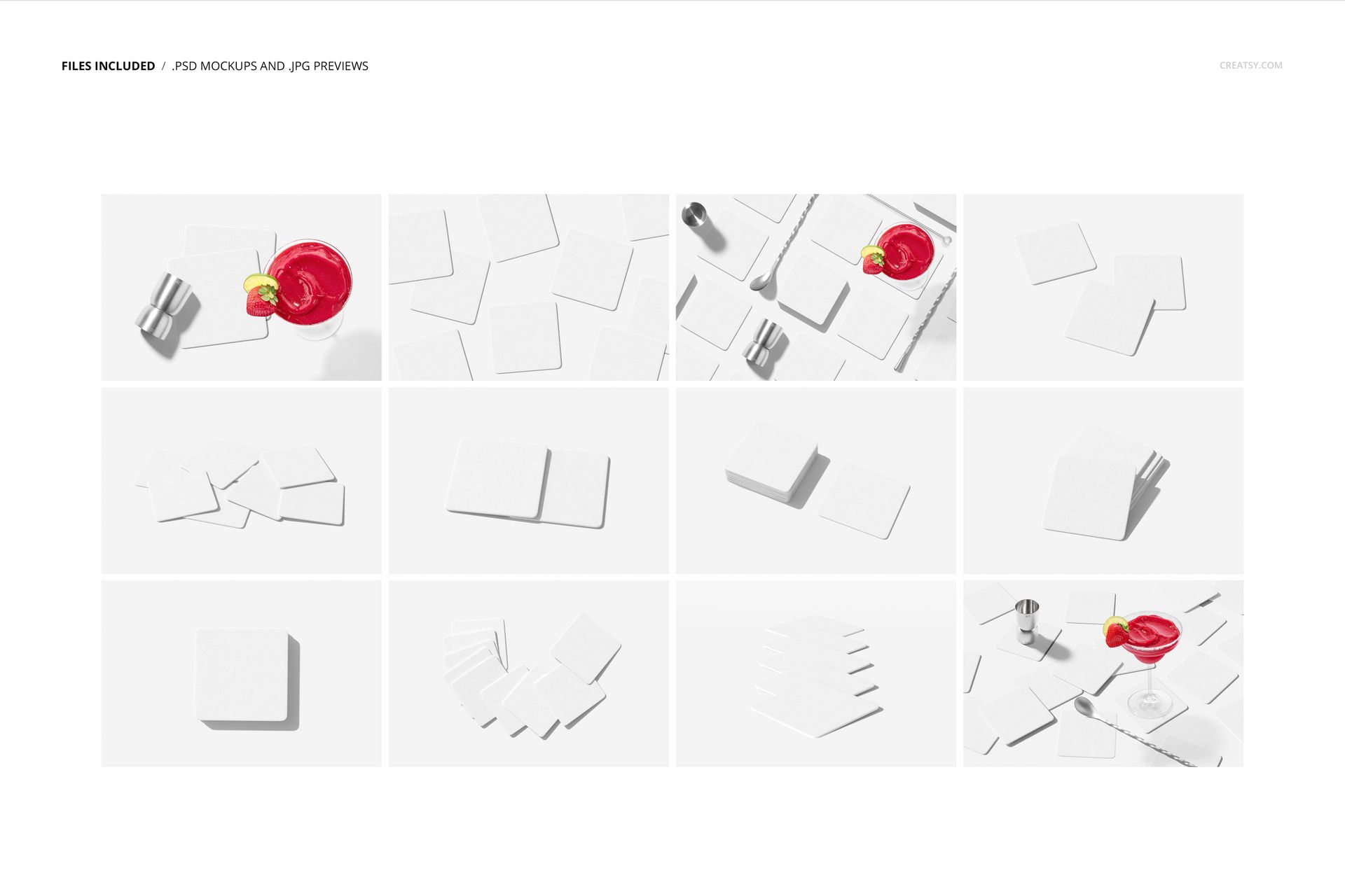 PSD mockup of square coasters in different groupings, some stacked and some scattered, with minimal props and shadows.