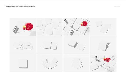 PSD mockup of square coasters in different groupings, some stacked and some scattered, with minimal props and shadows.