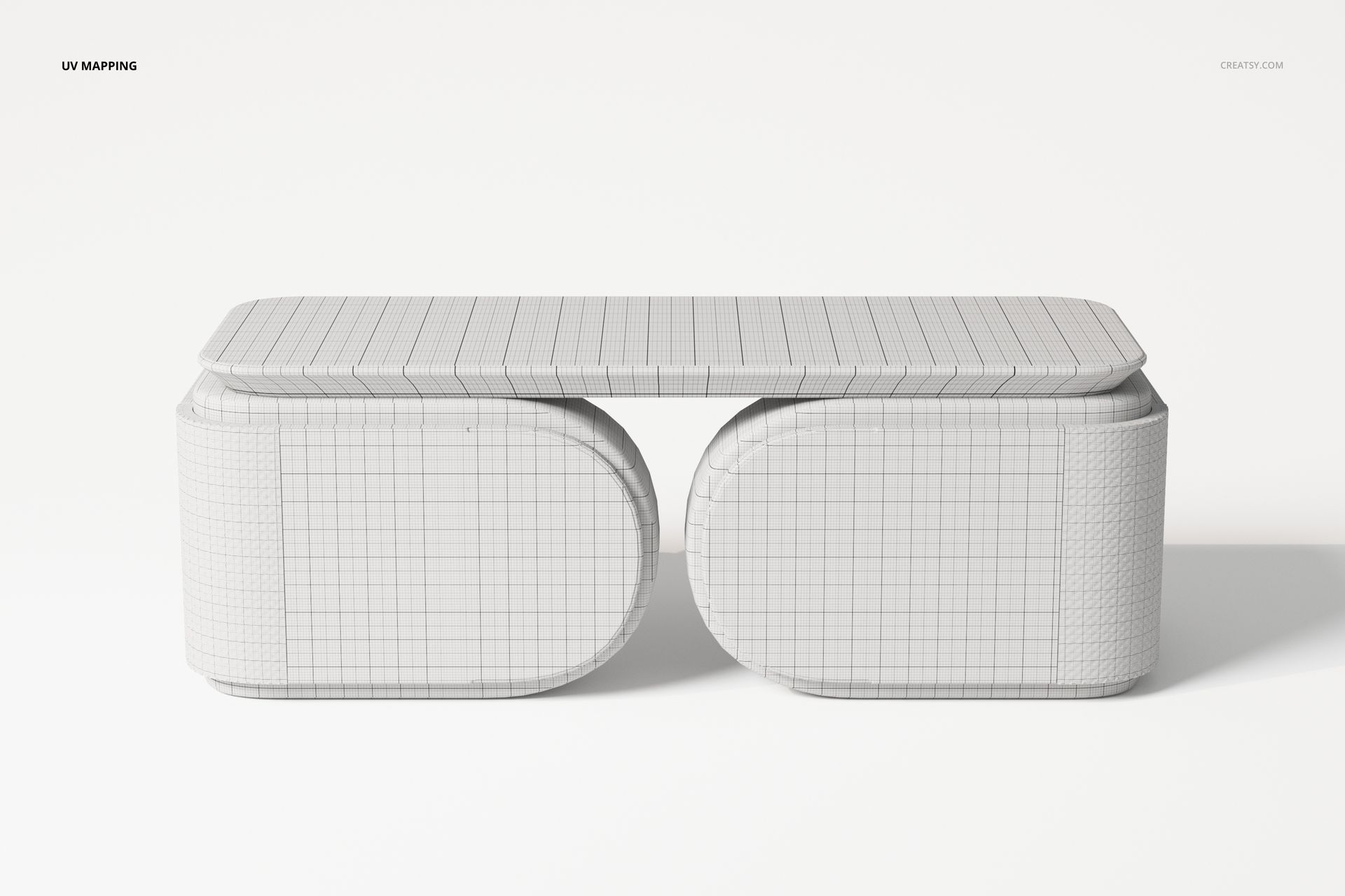 Front view of a futuristic upholstered desk 3D model in light gray, featuring rounded corners and grid lines.