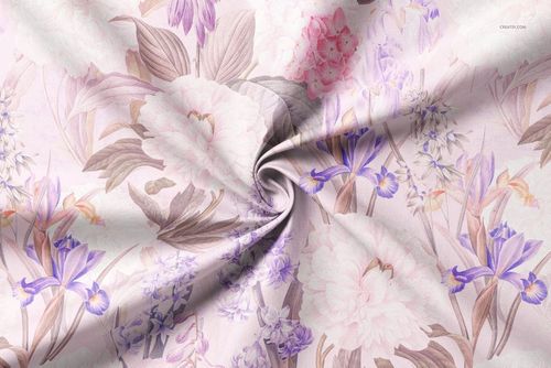 Floral patterned curtain fabric mockup with pastel flowers and leaves, displayed in a swirling, twisted arrangement.