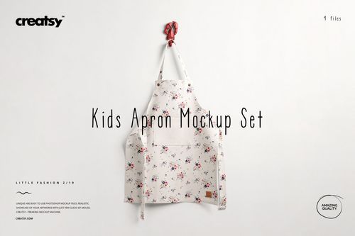 Front view of a kids apron with a floral pattern, displayed on a light background, shown as a PSD mockup.