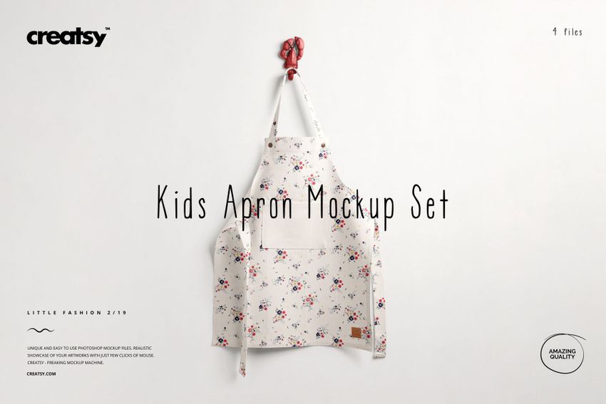 Front view of a kids apron with a floral pattern, displayed on a light background, shown as a PSD mockup.