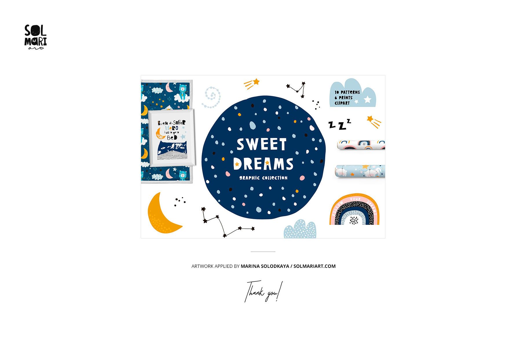 Front view of a baby long sleeve pyjama mockup set with blue and white patterns, moon and star motifs, and playful graphics.