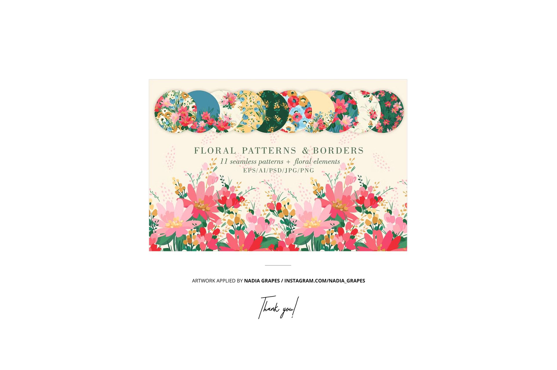 Stacked fabric squares featuring various colorful floral patterns displayed on green forest moss, top view mockup.
