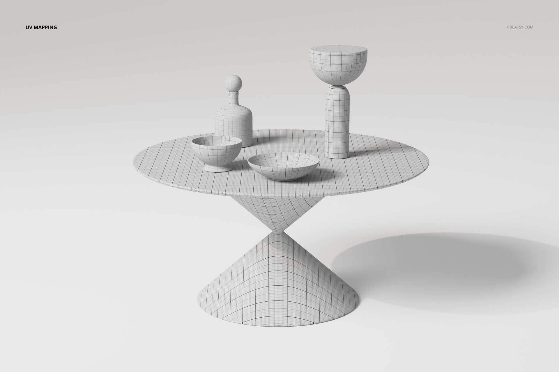 Cone base dining table 3D model with grid texture, shown from a front angle, featuring geometric props on top.