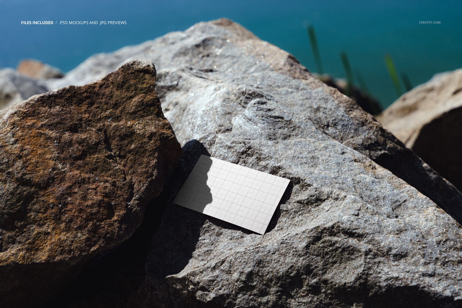 Business card mockup lying on textured rocks by the water, top view with natural light and shadow effects.