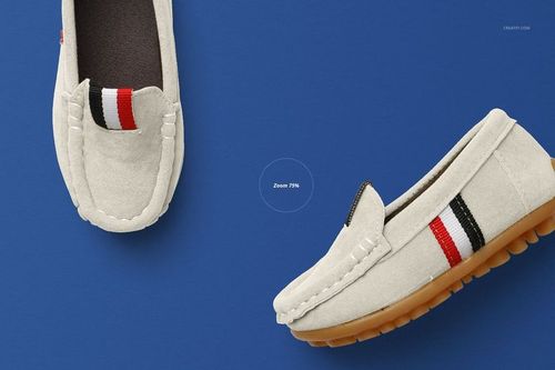 Kids suede loafer mockup featuring cream shoes with red, black, and white stripes, top and side views on blue background.