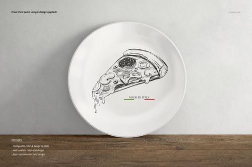 White ceramic plate with a black line art pizza slice design, displayed on a wooden surface in a front view mockup.