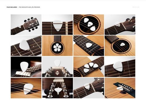 Set of white guitar picks displayed on an acoustic guitar in various positions, shown in close-up mockup scenes.