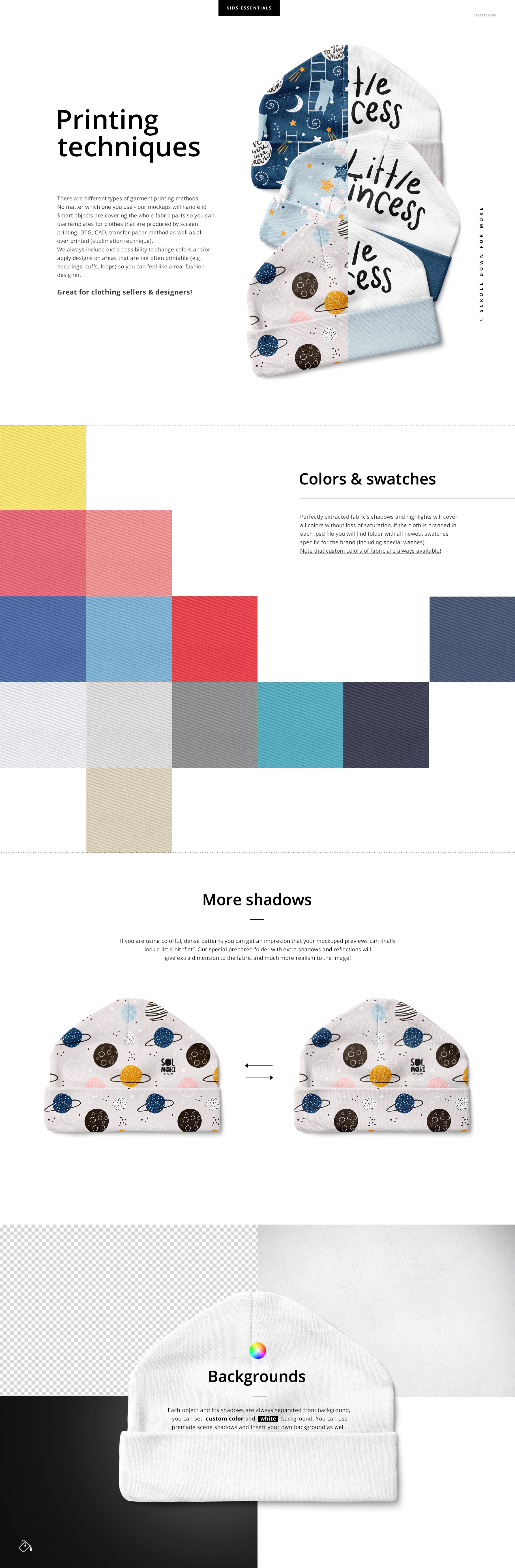 Baby beanie hat mockup set showing multiple hats with different designs, including text and playful prints in a front view.