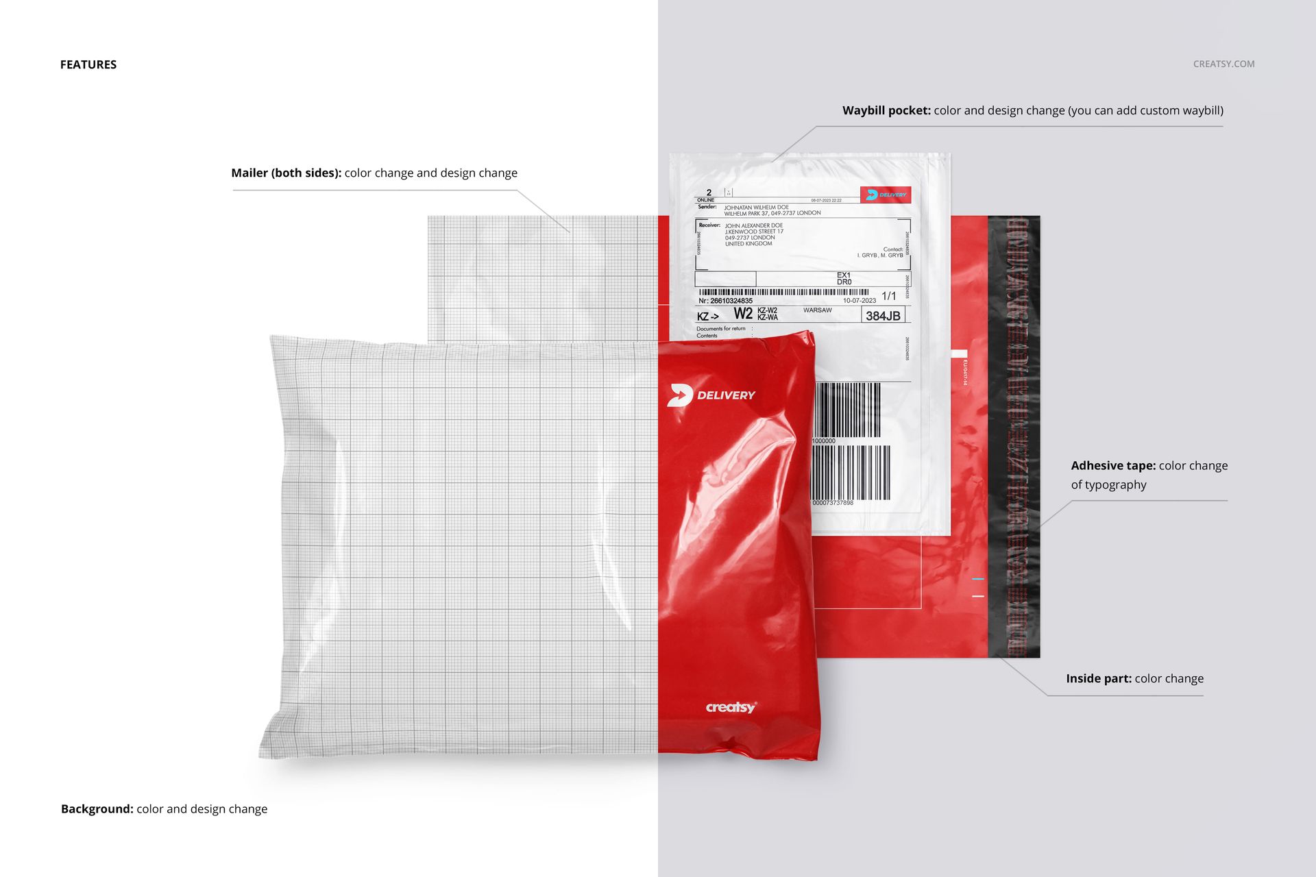 Poly mailer packaging mockup set featuring a transparent bag, red mailer with waybill pocket, and adhesive tape, top view.