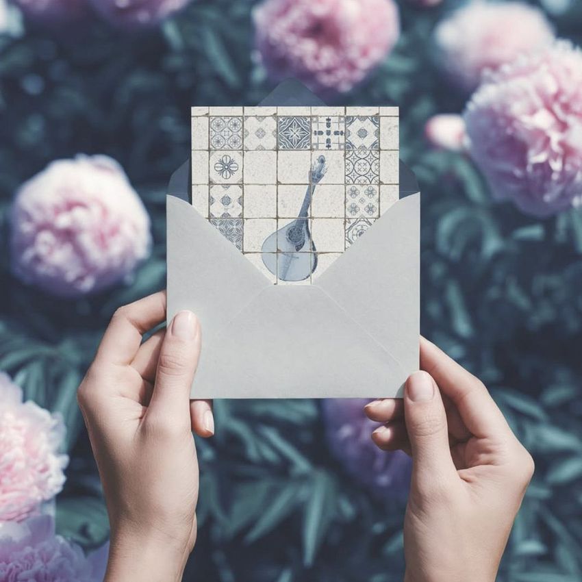 A greeting card mockup with a guitar and blue tile design inside a white envelope, held by hands over blooming peonies.