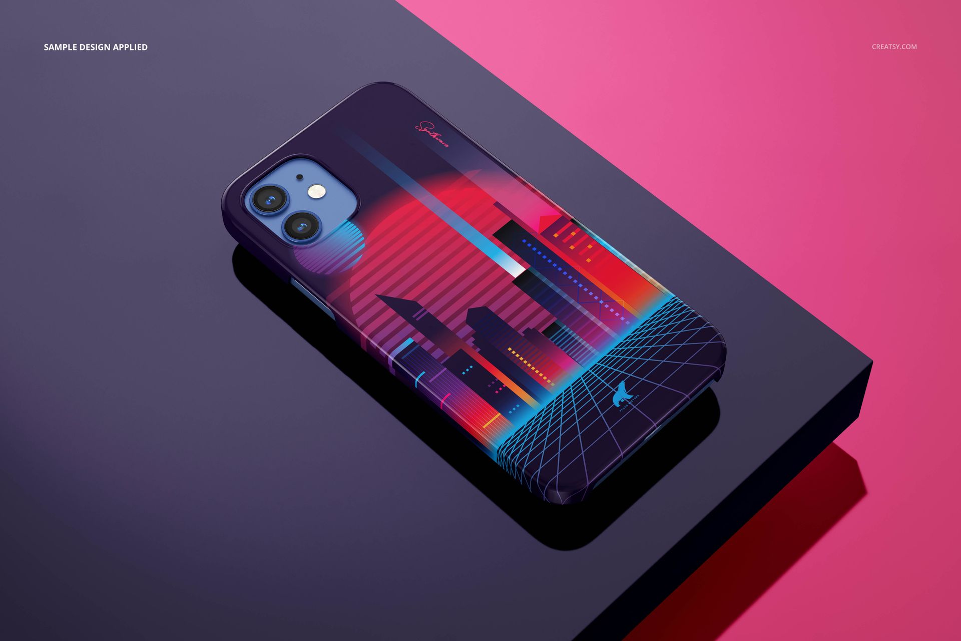 iPhone 12 glossy snap case mockup featuring a colorful retro city pattern, placed on a reflective black platform.