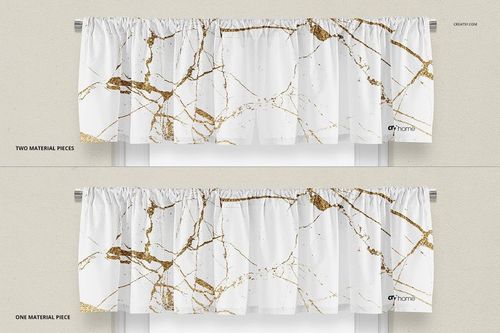 PSD mockup of decorative valances featuring white fabric with gold streaks, presented in single and double panel formats.
