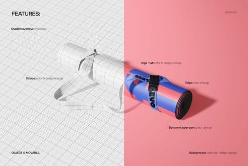 Oval yoga mat mockup with blue and pink geometric pattern, shown rolled up with a carrying strap, split background.