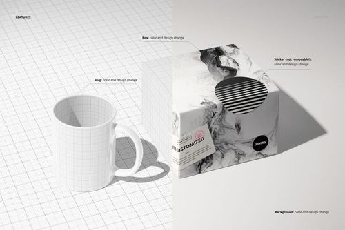 Front view of a white ceramic mug and a square box on a grid background, both featuring editable design areas for mockup use.
