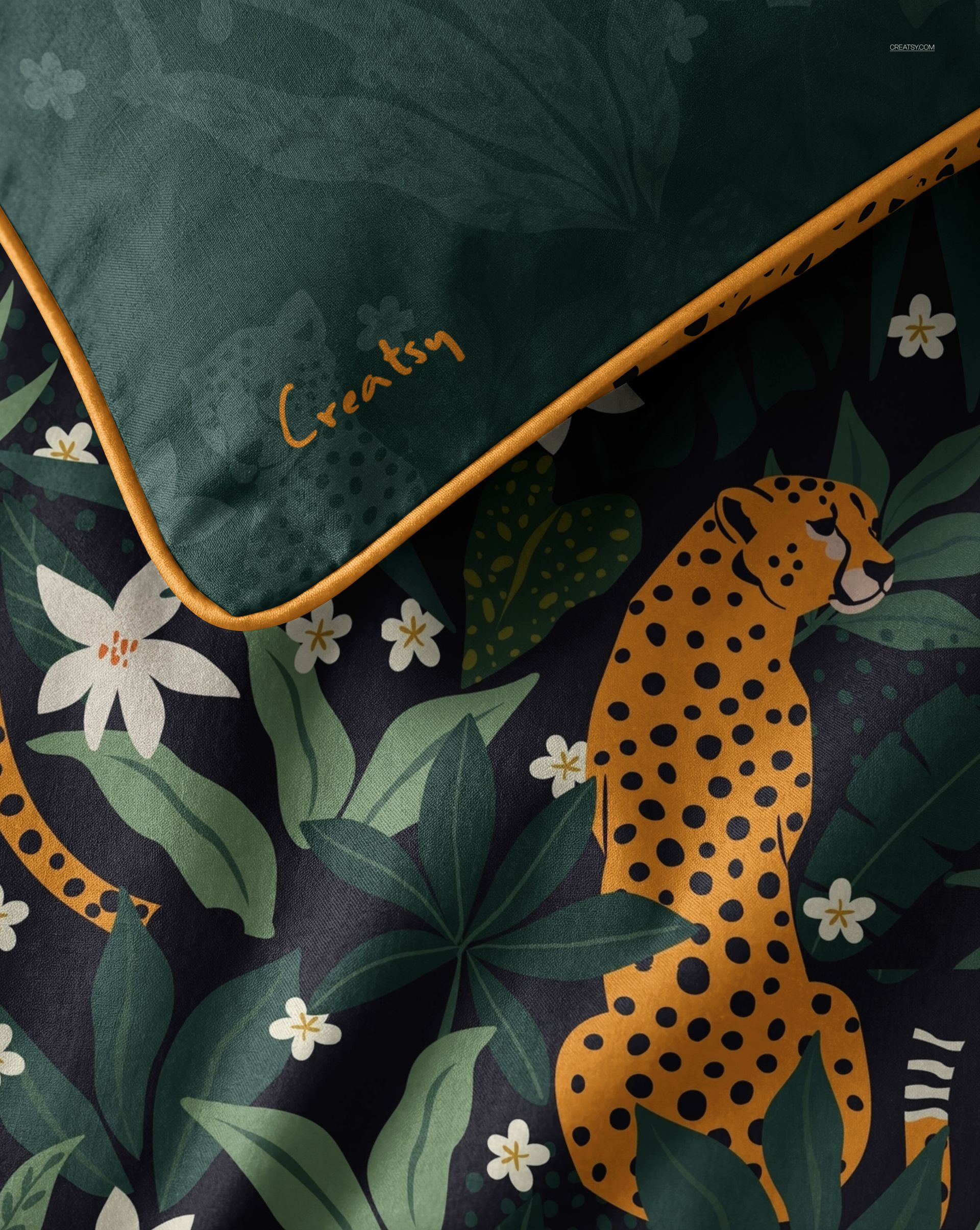 Bedding set mockup featuring piped edges, with a green top sheet and jungle-themed cheetah pattern on the duvet.