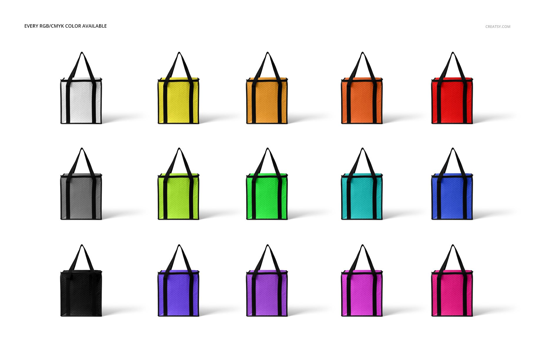 Front view of insulated cooler bags mockup set in various solid colors, arranged in a grid on a white background.