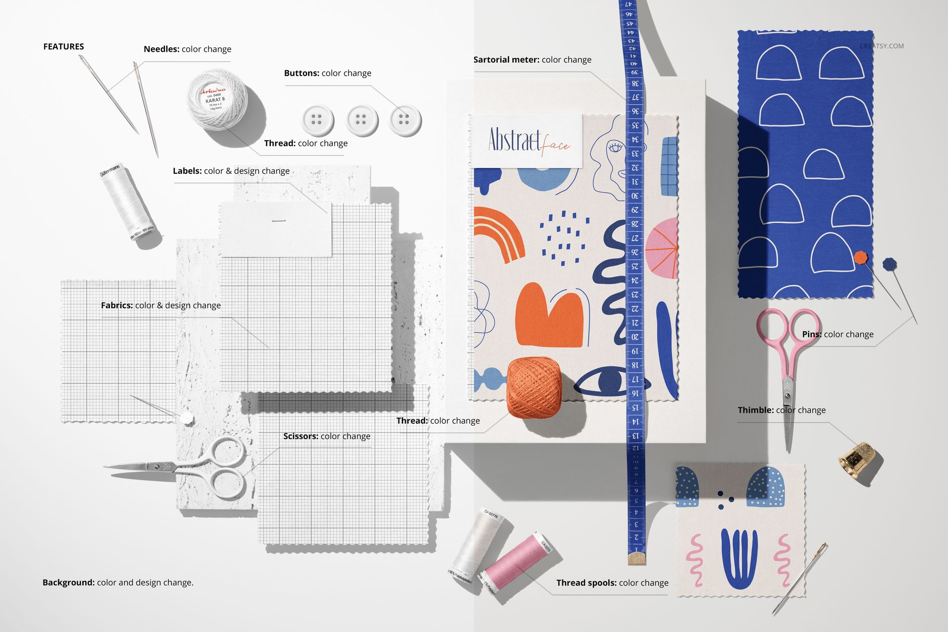 Top view of various jersey fabric swatches arranged with scissors, thread spools, and measuring tape in a mockup scene.