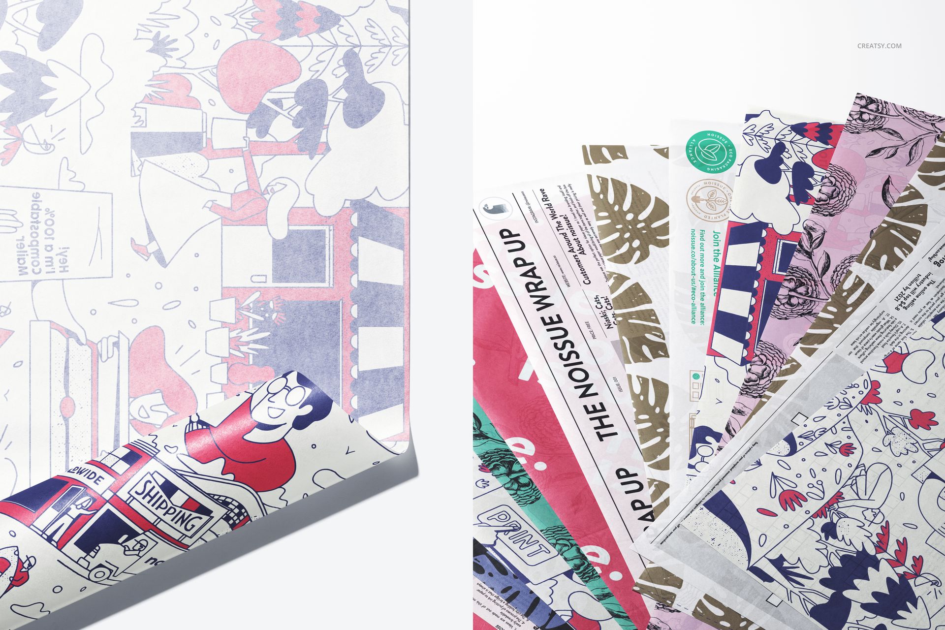 Close-up view of tissue paper mockup featuring multiple sheets with playful illustrations and various colors.