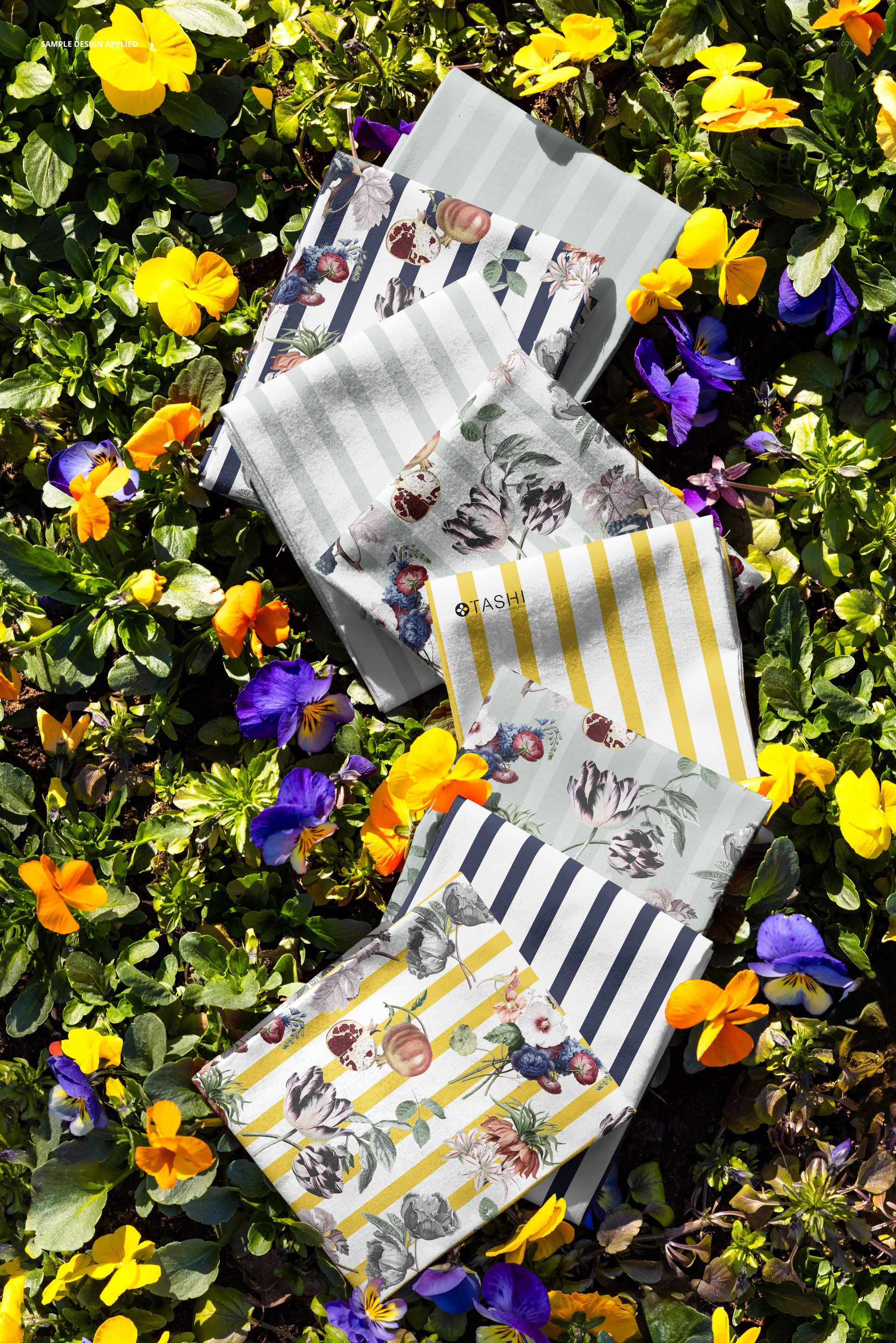 Fabric Samples Nestled in Pansies Mockup - mockup screenshot 3