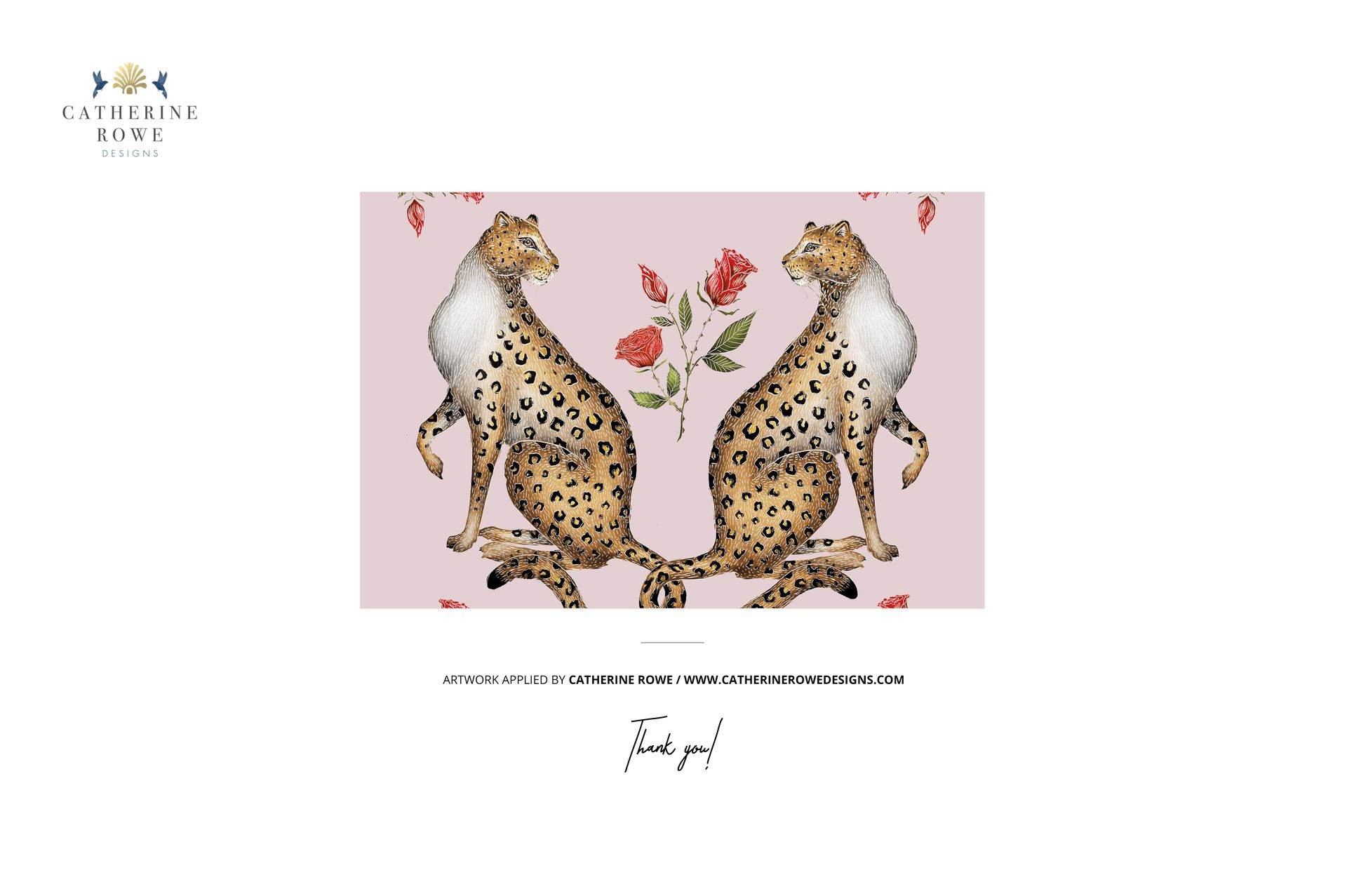 Front view of a fringed velvet cushion mockup featuring two illustrated leopards and red roses on a pale pink background.