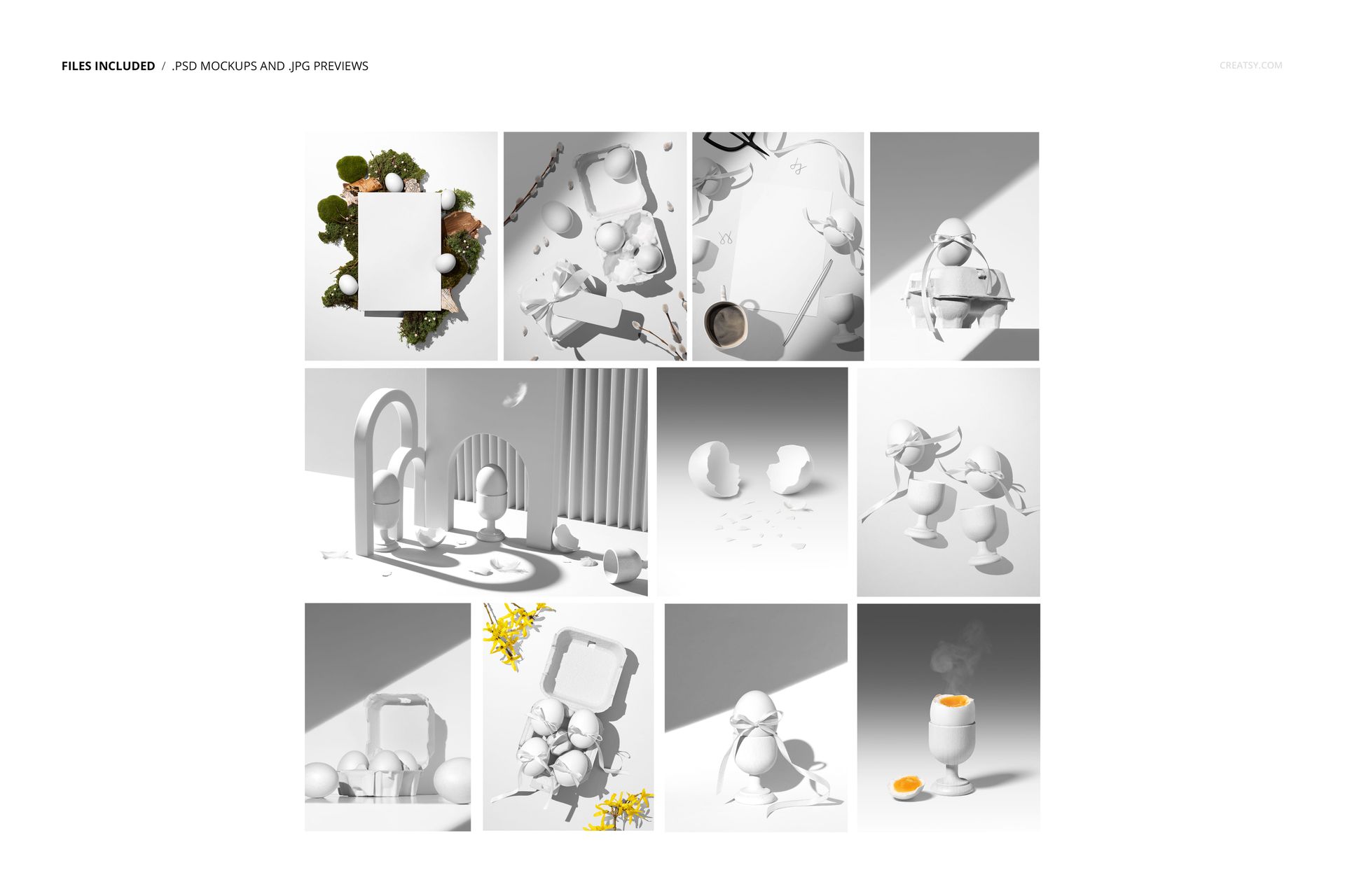 Collage of Easter egg mockups in various arrangements, featuring eggs, egg shells, boxes, cups, and greeting cards.