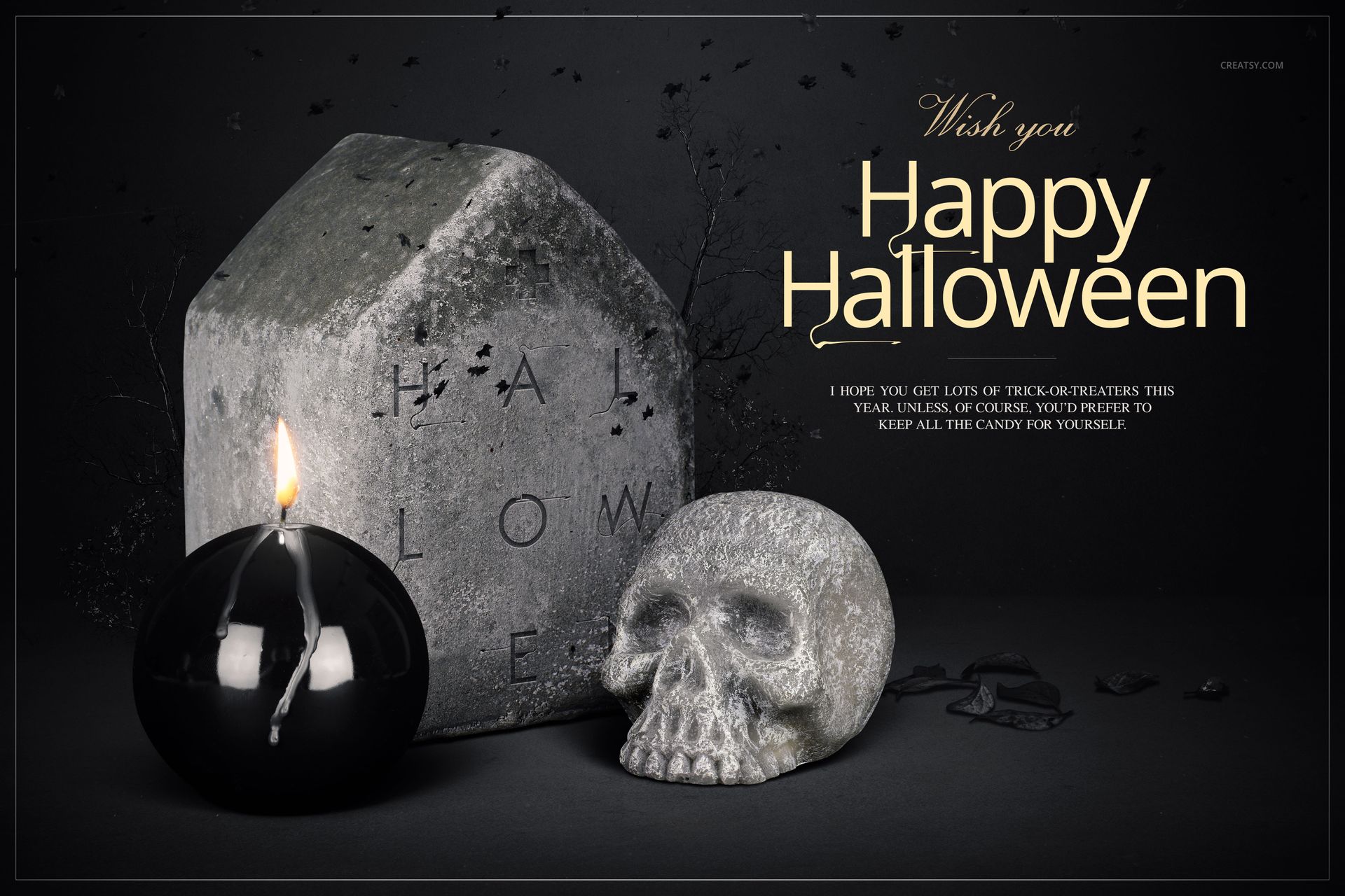 Halloween PSD mockup featuring a tombstone with engraved letters, a realistic skull, and a black candle on a dark surface.