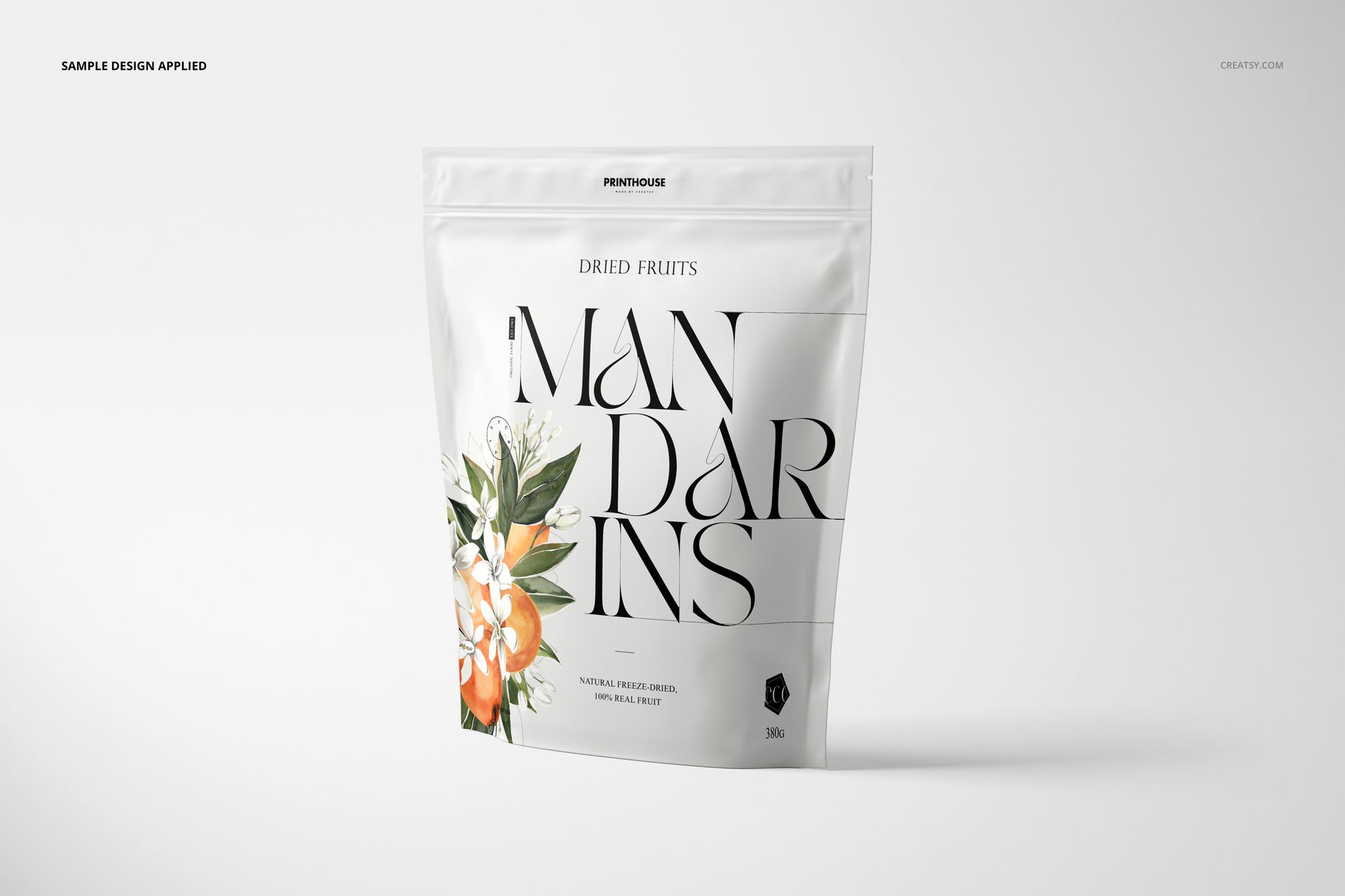 Stand up zip lock pouch mockup featuring a white package with floral illustration and bold lettering, isolated background.