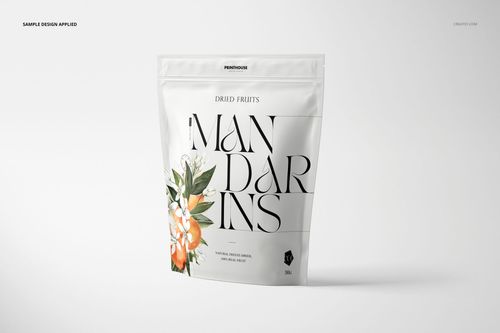 Stand up zip lock pouch mockup featuring a white package with floral illustration and bold lettering, isolated background.