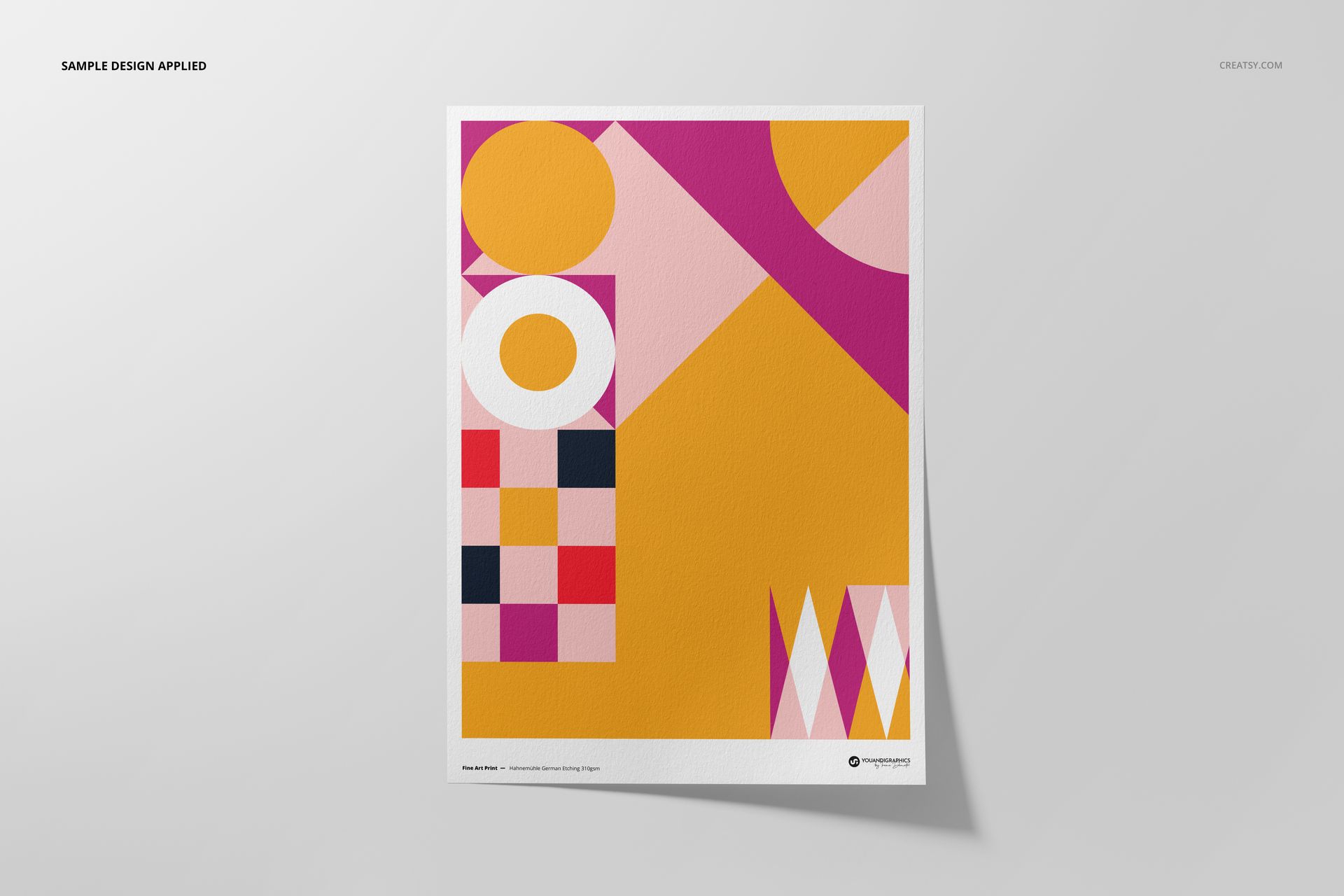 A3 fine art print mockup featuring geometric shapes in yellow, pink, orange, and white on a light background.