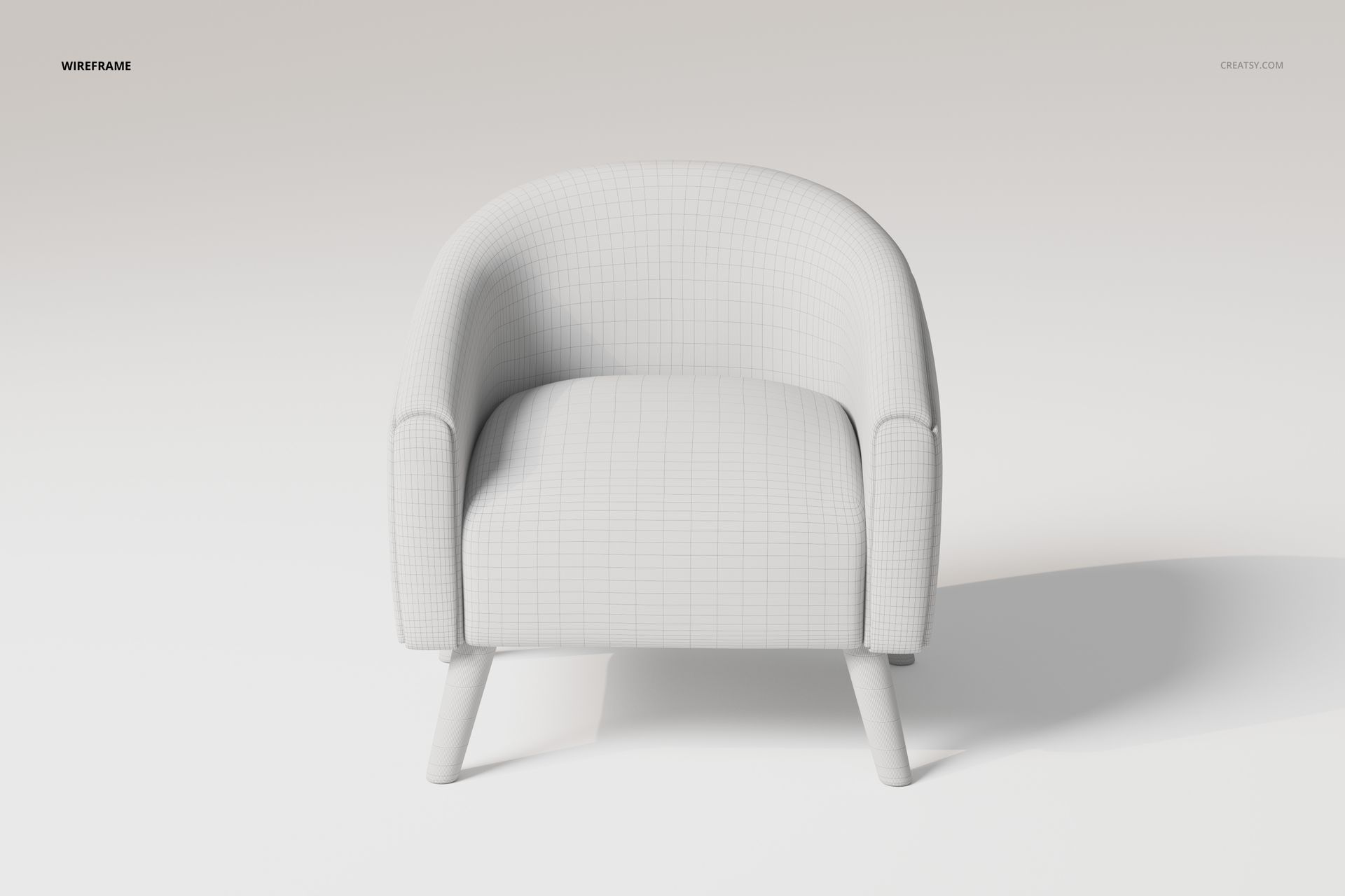 Front view of a lamb accent chair 3D model with rounded arms and legs, shown in a white wireframe texture.