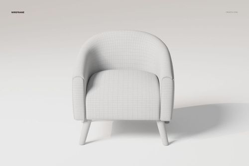 Front view of a lamb accent chair 3D model with rounded arms and legs, shown in a white wireframe texture.