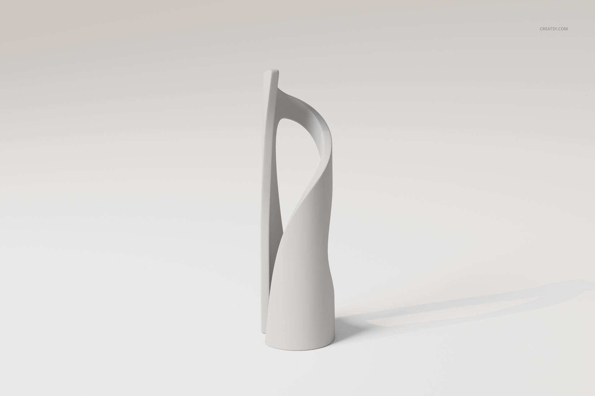 Modern art sculpture vase with a twisted, abstract design in matte white, shown from a side view on a plain background.