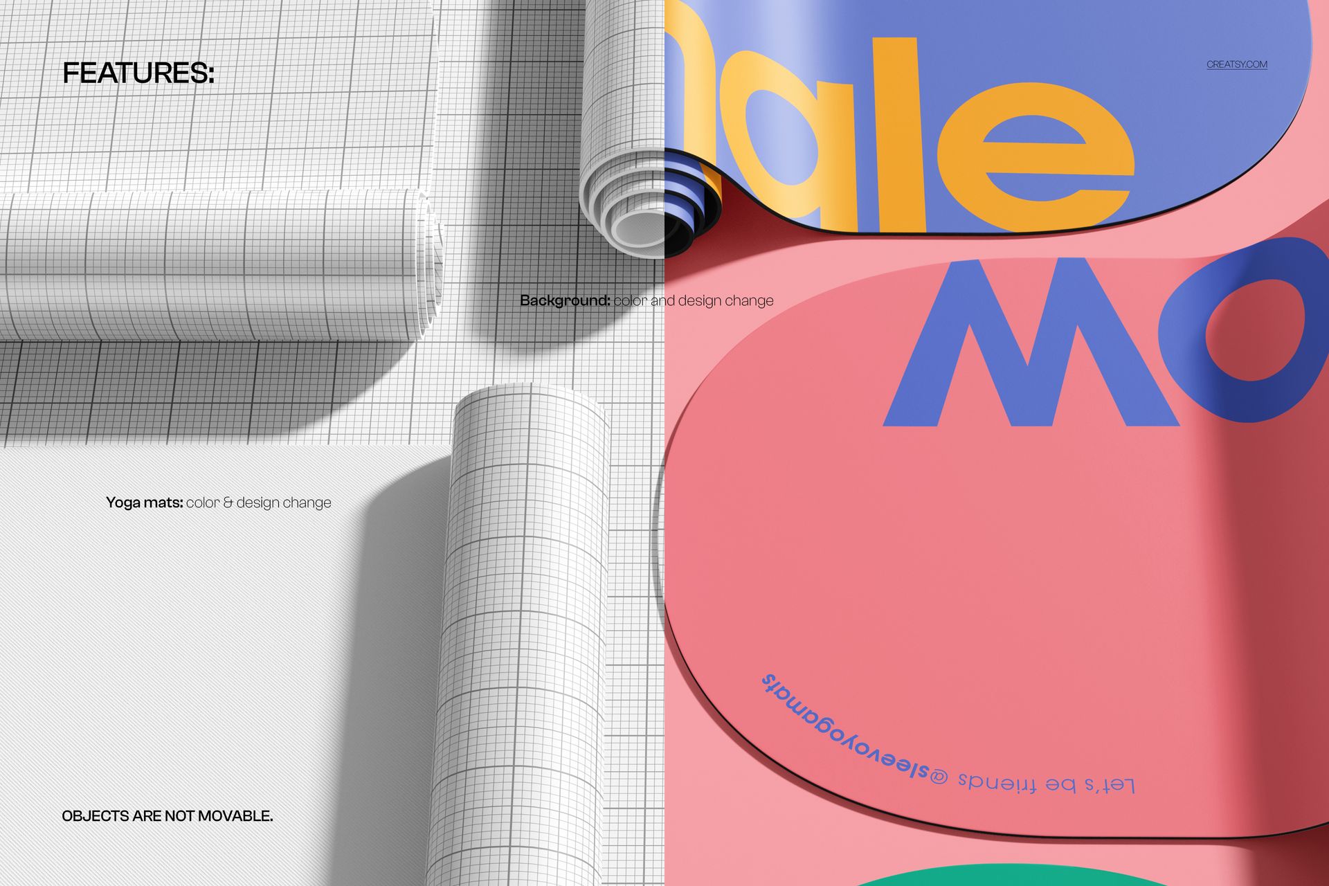 Top view of multiple oval yoga mats in a mockup, featuring grid patterns and colorful graphic designs.