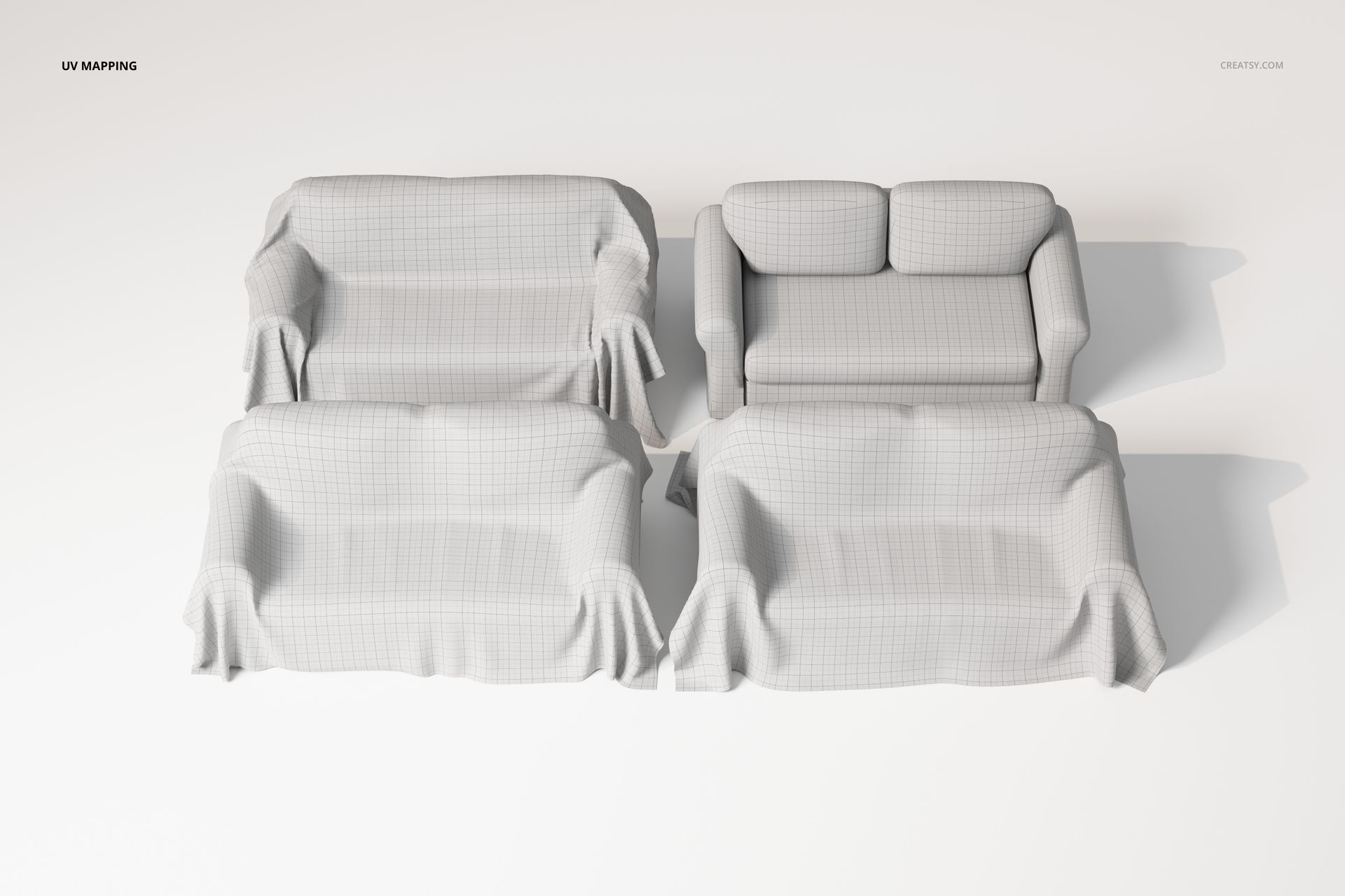 Front view of four sofa throw covers in light gray with a subtle grid pattern, arranged on white background.