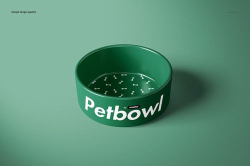 Pet bowl PSD mockup in green with bone design inside and white text, presented from a front perspective on solid green.