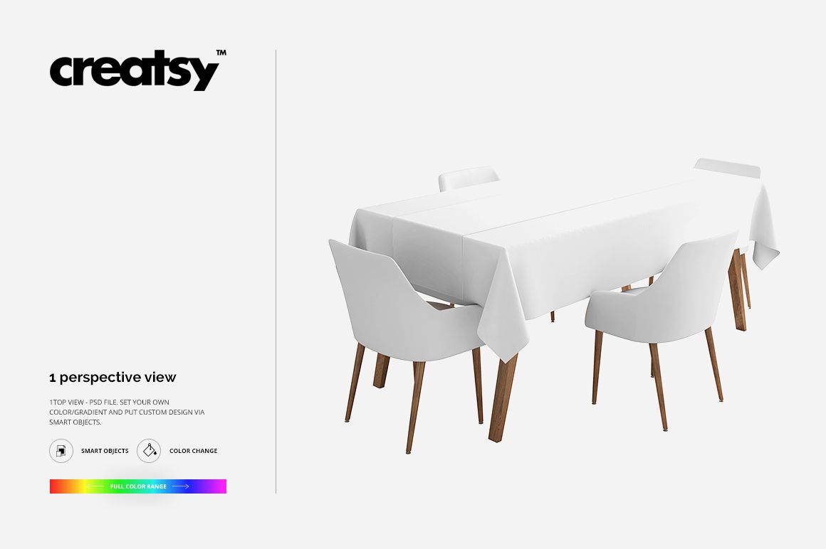 Table set with a plain white tablecloth and runner mockup, viewed from above, featuring four modern chairs.