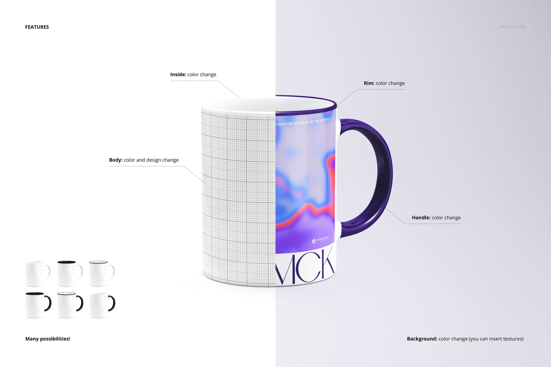 Front view of a ceramic mug mockup with half the mug showing a grid pattern and half displaying a colorful abstract design.