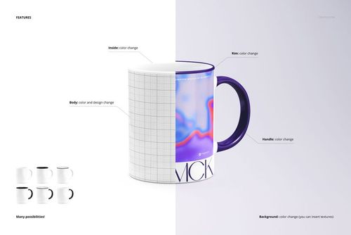 Front view of a ceramic mug mockup with half the mug showing a grid pattern and half displaying a colorful abstract design.