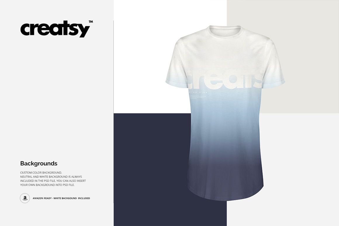 Front view of a longline T-shirt mockup with a white to light blue gradient design, displayed on a color-blocked background.
