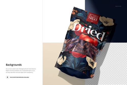 Front view of a paper pouch with a transparent window, featuring a floral and tomato pattern on a mockup background.