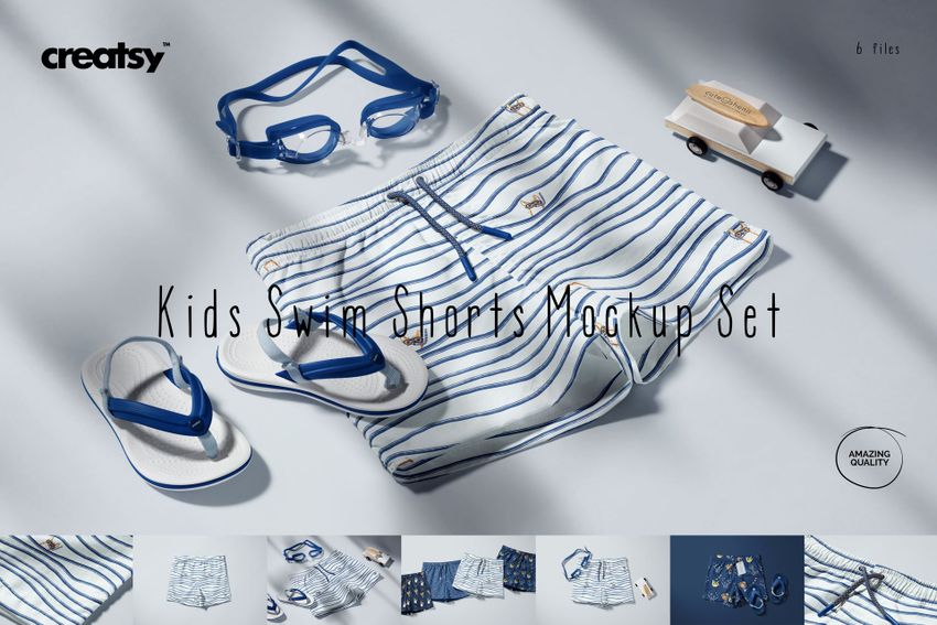 Striped blue and white kids swim shorts mockup shown from above, with goggles, flip-flops, and a small white toy car nearby.